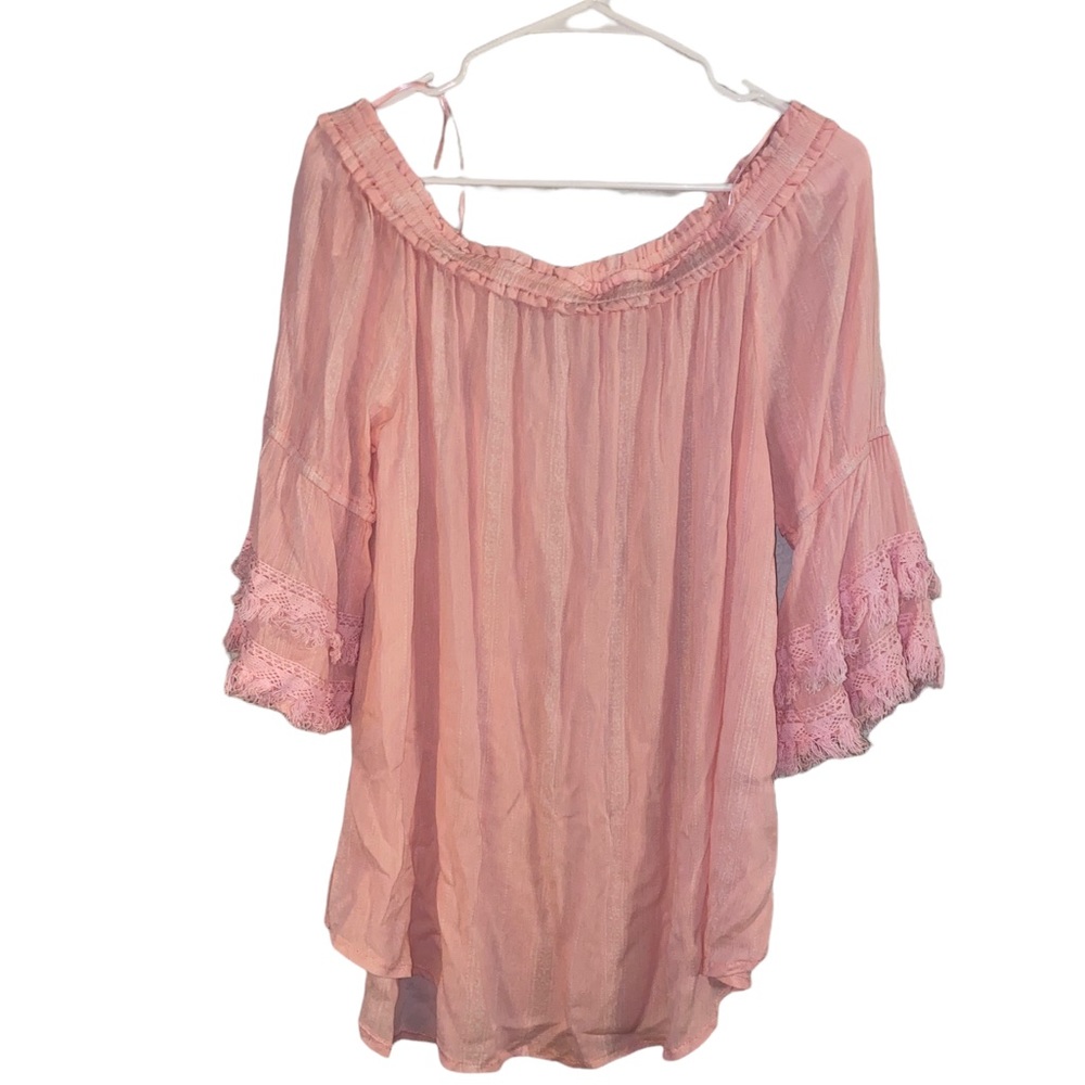 Davi & Dani Light Pink Cold Shoulder Boho Tier Top Blouse Shirt With Tassels